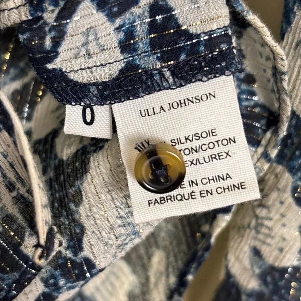 ULLA JOHNSON Adina Long Sleeve Button-Down Blouse Indigo Blue Gold Women‎ Size 0
